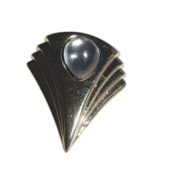 Vintage Art Deco Style Gold Tone Brooch Clear Cabochon Fan Design Pin Plastic - Picture 5 of 5